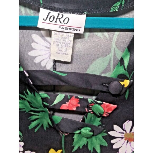 VTG Hawaiian blouse top 1X Black Floral Multicolor JoRo Fashions stretch SS EUC - Picture 5 of 7
